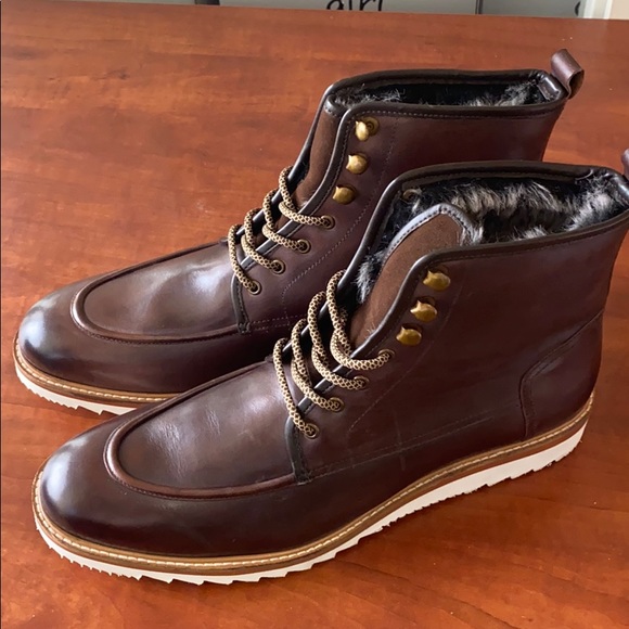 MEN’S BRIWN LEATHER LACE UP BOOTS WITH FUR DETAILS - Picture 3 of 6